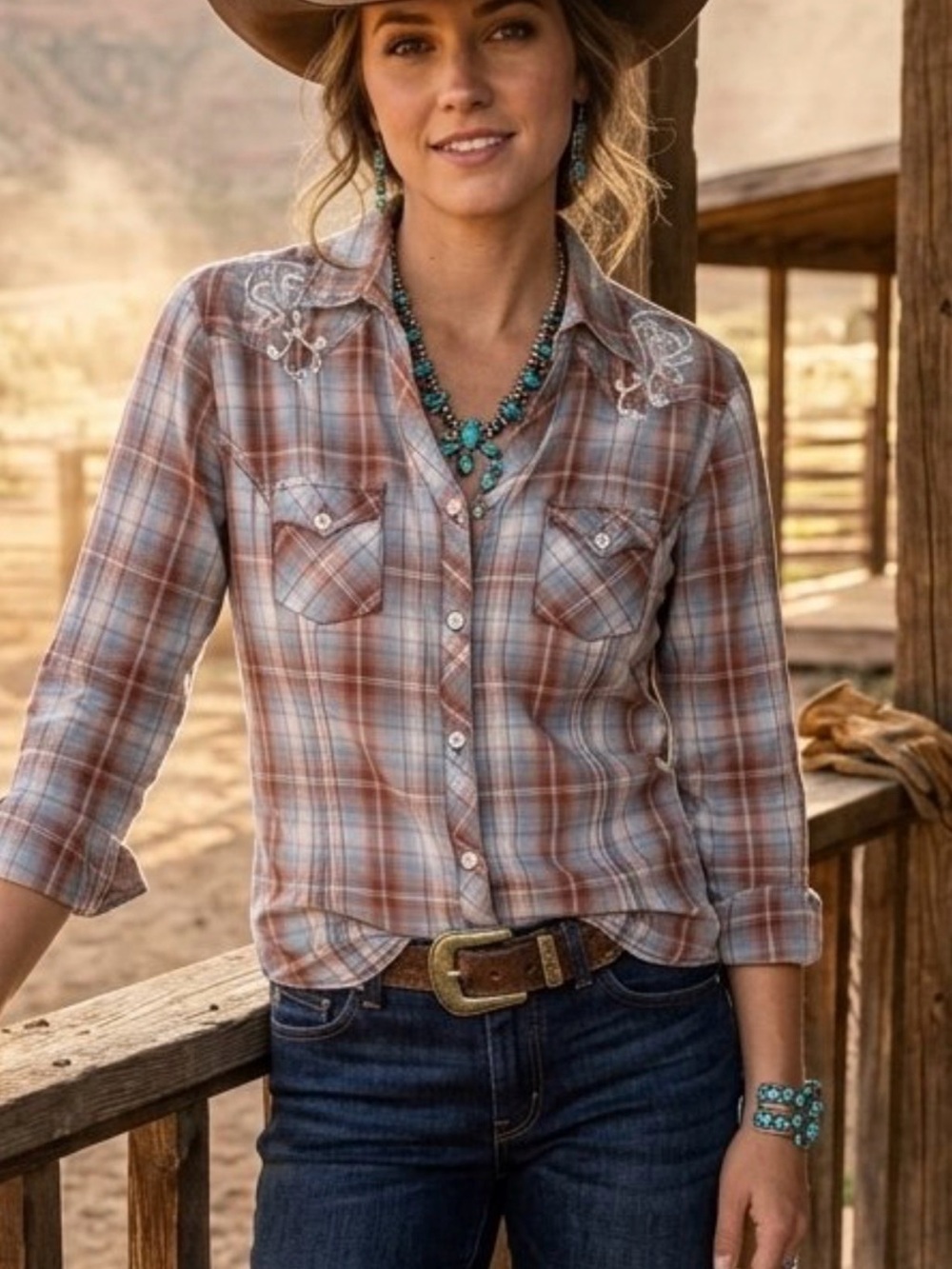 Panhandle Slim Plaid Button-Down Shirt in Rust & Light Blue